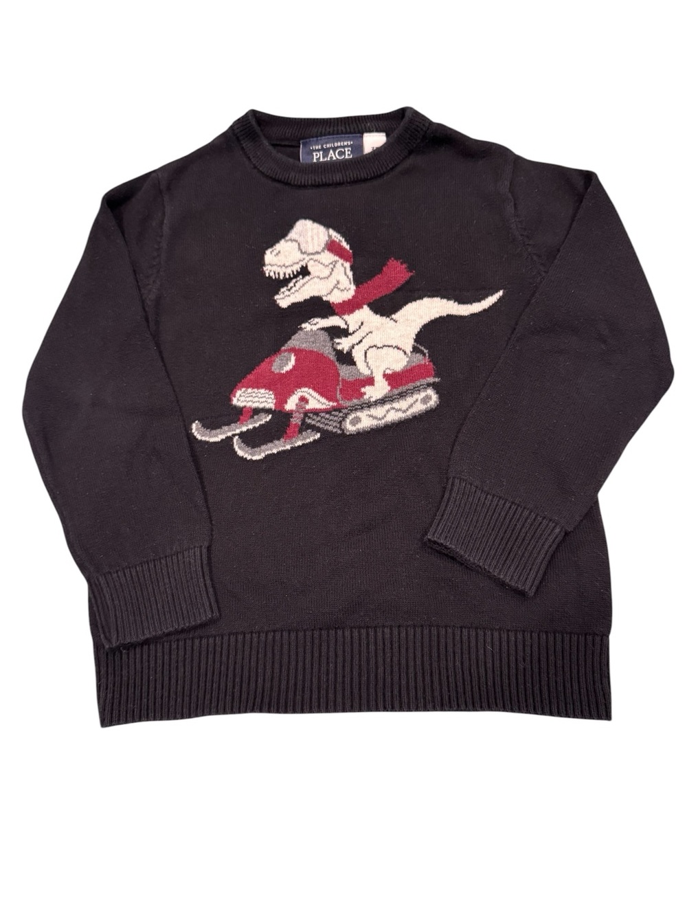 The Children's Place Black Crewneck Sweater with Dino Sled Graphic